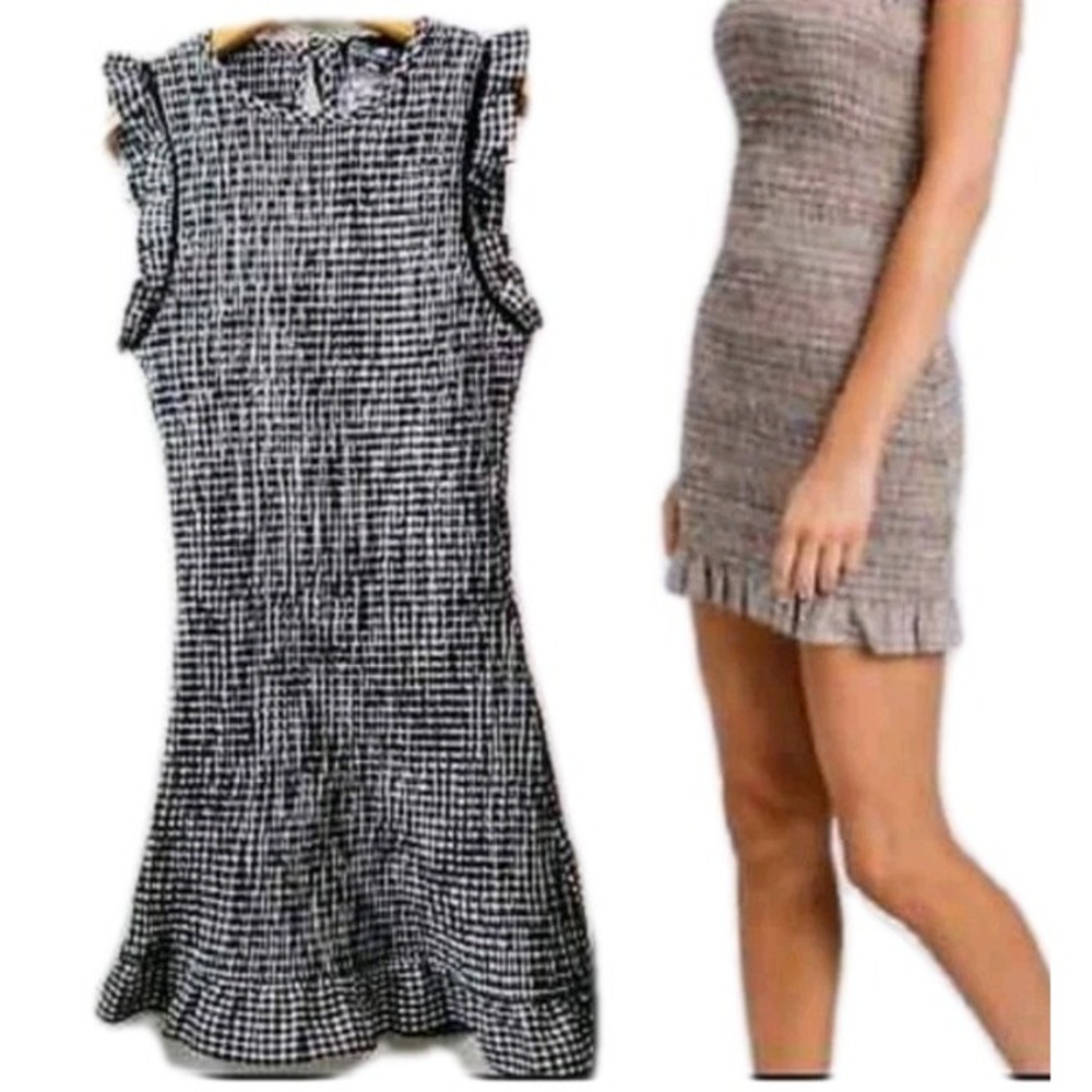 Storia Womens Bodycon Dress‎ Size Medium Black Gingham Check Smocked Ruffle Hem